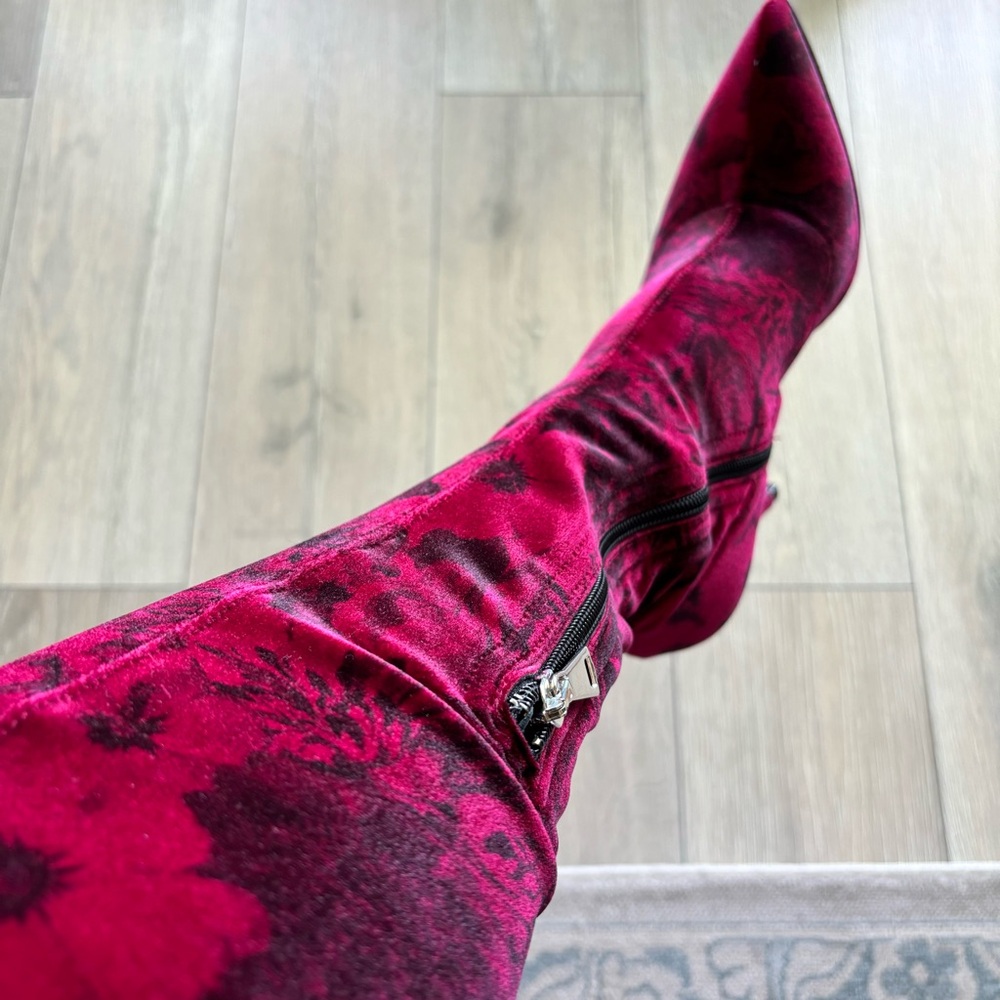 BEAUTIISOLES Mariana Over-The-Knee Red Floral Velvet Stiletto Boot--NEW-… - Picture 5 of 16